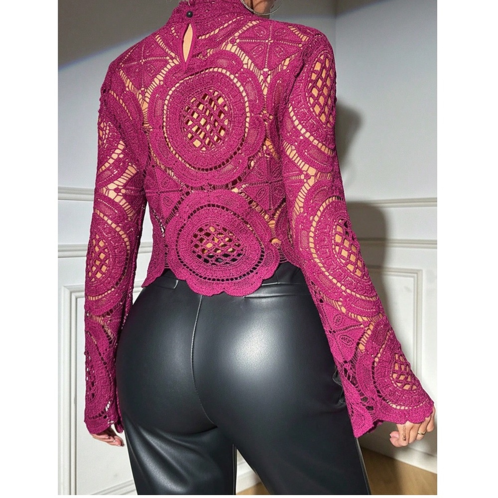 High Neck Floral Semi Sheer Flared Sleeve Cropped Top - Picture 7 of 9